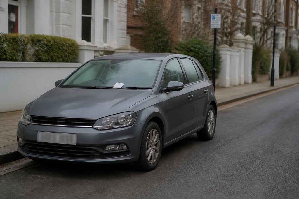 Grafitowy Volkswagen Golf przy eleganckiej ulicy Grafitowy Volkswagen Golf zaparkowany przy chodniku obok białych kamienic i ogrodzenia