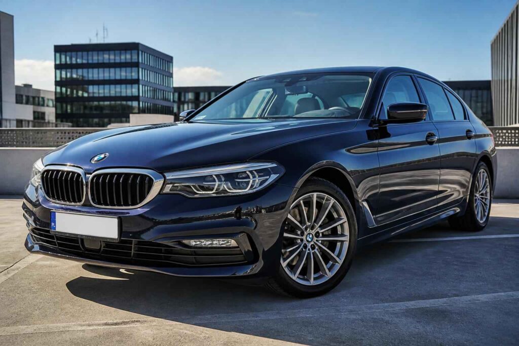 Granatowe BMW Serii 5 zaparkowane na dachu parkingu w słoneczny dzień