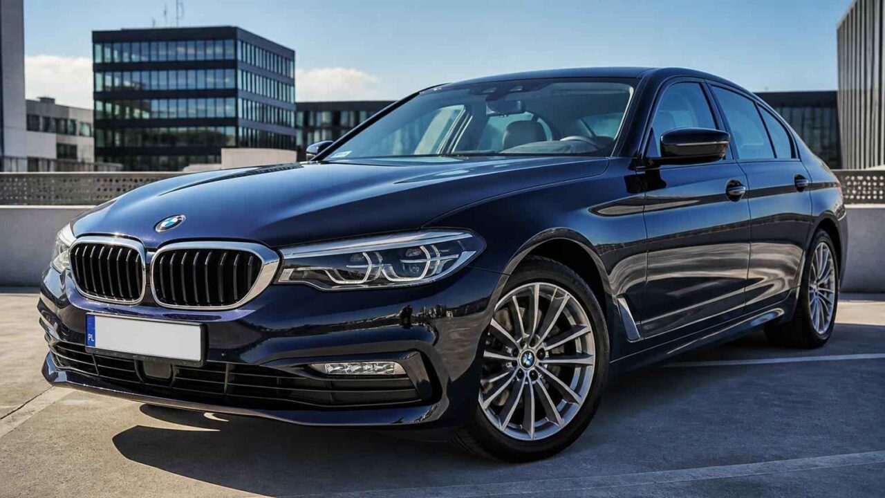 Granatowe BMW Serii 5 zaparkowane na dachu parkingu w słoneczny dzień