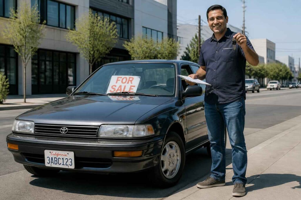 Mężczyzna stoi obok czarnej Toyoty z tablicą For Sale przed biurowcem.