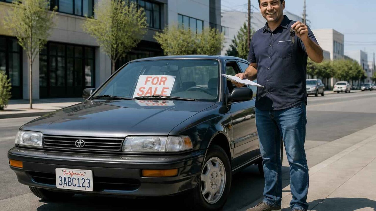 Mężczyzna stoi obok czarnej Toyoty z tablicą For Sale przed biurowcem.