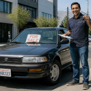 Mężczyzna stoi obok czarnej Toyoty z tablicą For Sale przed biurowcem.