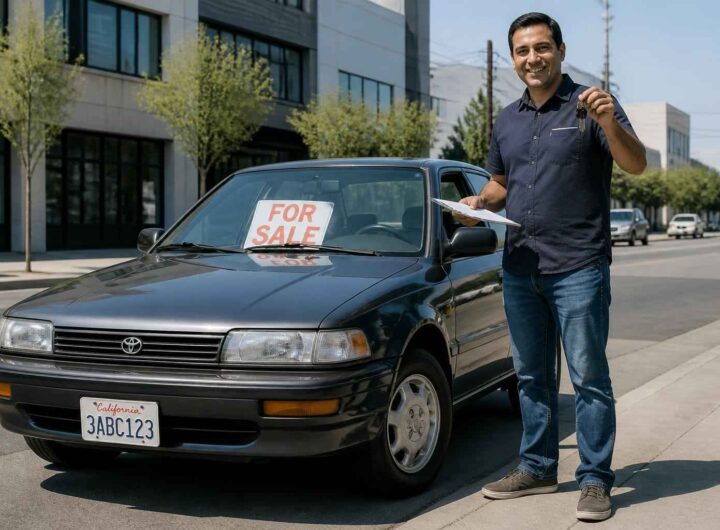 Mężczyzna stoi obok czarnej Toyoty z tablicą For Sale przed biurowcem.