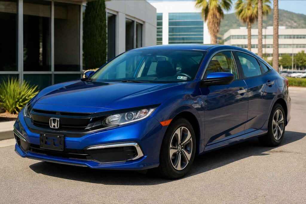Niebieska Honda Civic przed nowoczesnym budynkiem Niebieska Honda Civic zaparkowana przed nowoczesnym biurowcem w słoneczny dzień