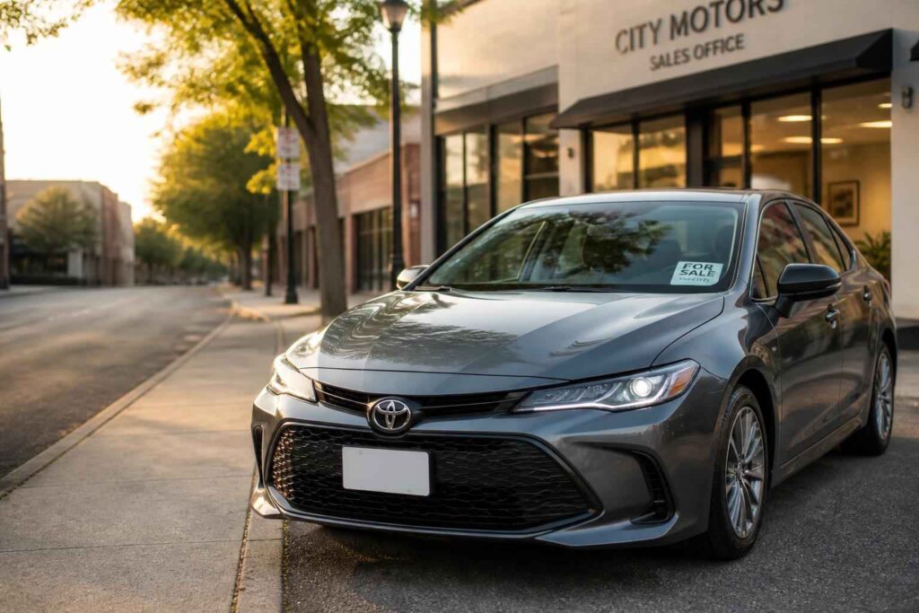Szary Toyota sedan przed biurem City Motors Szary Toyota sedan zaparkowany przed salonem City Motors przy spokojnej ulicy drzewa w tle